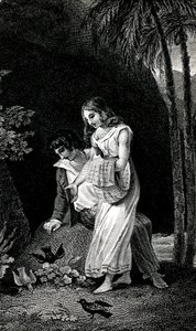 Gravur, die eine späte Ausgabe des 19. Jahrhunderts des Romans von Jacques-Henri Bernardin de Saint Pierre (Jacques Henri Bernardin de Saint-Pierre): Paul et Virginie illustriert. Vögel landen ohne Angst in der Nähe des jungen Liebespaares im Wald. Zeichnu von Emile Antoine Bayard