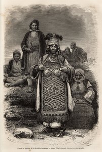 Verlobte und Bauern an der rumänischen Grenze, Gravur nach der Zeichnung von Emile Bayard, zur Illustration der Reise nach Bulgarien, von Guillaume Lejean, 1867, veröffentlicht in „Le tour du monde“ 1873, herausgegeben von Edouard Charton, Hachette Edition von Emile Antoine Bayard