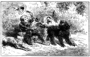 Illustration von Emile Bayard für Hector Malots Roman „Sans Famille“: Remi spielt mit seinen Freunden, den gelehrten Tieren der Truppe von Monsieur Vitalis, reisender Künstler - Joli-Coeur (schönes Herz), der Affe und die drei Hunde Capi, Zerbino und Dol von Emile Antoine Bayard
