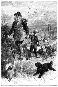 Illustration von Emile Bayard für den Roman von Hector Malot „Ohne Familie“: Remi verlässt mit Monsieur Vitalis, reisender Künstler und seine gelehrten Tiere, die drei Hunde Capi, Zerbino und Dolce - Hetzel-Ausgabe 1880