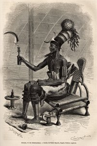 Mounza, König der Mombuttous (Stamm des Sudan), Kopfschmuck aus einem Dutt, bedeckt mit einer zylindrischen Kappe, verziert mit Papageienfedern, einer halbmondförmigen Kupferplatte an der Stirn, um den Hals ein Kragen aus Kupferlatten und an seinen Armen u von Emile Antoine Bayard