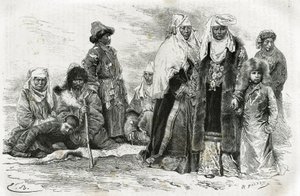 Arme und reiche Kirgisinnen. Gravur von Emile Bayard, zur Illustration von Reiseeindrücken von Orenburg nach Samarkand, von Marie de Ujfalvy-Bourdon, zwischen 1876 und 1878, in Le Tour du Monde, unter der Leitung von Edouard Charton von Emile Antoine Bayard