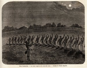 Die Zeremonie der Trommeln zum Aufgang des neuen Mondes, an der Spitze des Stammes Rumanika, in Karague (westlich des Viktoriasees, im heutigen Simbabwe), Zeichnung von Emile Bayard, Illustration der Entdeckungsreise von Captain Speke in Afrika 186 von Emile Antoine Bayard