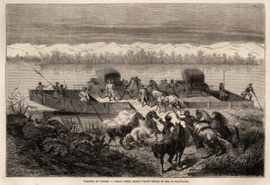 Die Überquerung des Jenissei-Flusses (Russland), Zeichnung von Emile Bayard (1837-1891) zur Illustration der Reise von Shanghai nach Moskau, von 1859 bis 1862, von M. de Bourboulon, Minister von Frankreich in China. Gravur in „Le tour du monde“, herausgege