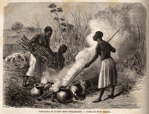 Die Bierproduktion im Ounyamouezi (Region der Großen Seen, Afrika), Zeichnung von Emile Bayard (1837-1891), Illustration der Entdeckungsreise in Afrika von 1860 bis 1863 von Captain Speke. Gravur in „Le tour du monde“, herausgegeben von Edouard Charton