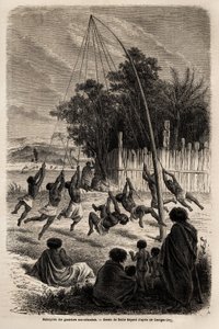 Die Schaukel der neuseeländischen Krieger auf der Landenge von Auckland, Zeichnung von Emile Bayard, zur Illustration von Ferdinand de Hochstetters Reise nach Neuseeland von 1858 bis 1860. Gravur in „Le tour du monde“, herausgegeben von Edouard Charton von Emile Antoine Bayard