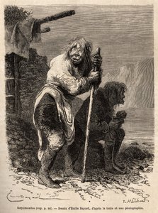 Zwei alte Eskimofrauen in der Tracht der Grönländerinnen, Lederstiefel bis zu den Knien, kurze Robbenfellhosen und eine tunikaförmige Haut, die vorne und hinten herunterfällt, in der Nähe von Lichtenau, graviert nach einer Zeichnung von Emile Bayard (Illus
