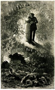 Victor Hugos Elenden: sentimentale Handlung vor einem historischen Fresko. Cosette und Marius Liebhaber (Liebe - Idylle rue Plumet) und die Barrikaden von Paris (Revolution - Epos rue St Denis (Saint-Denis)). Illustration von Emile Bayard für die Oll
