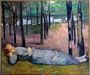 Madeleine (1871-1895) im Wald der Liebe. Porträt einer schrecklichen Frau, die in einem Wald liegt. Gemälde von Emile Bernard (1868-1941)