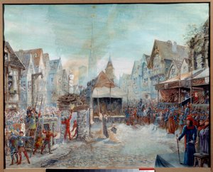 Hundertjähriger Krieg: „Johanna von Orléans (1412-1431) wird auf den Scheiterhaufen geführt“ (Place du Vieux-Marché in Rouen)