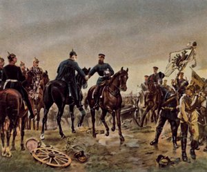 Treffen von König Wilhelm I. mit Kronprinz Friedrich Wilhelm in der Schlacht von Königgrätz, 3. Juli 1866 von Emile Hunten