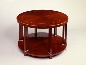 Niedriger runder Doppeltisch mit Rosenholzfurnier, eingelegt mit Elfenbein von Émile Jacques Ruhlmann
