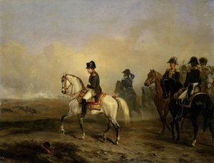 Der Kaiser Napoleon I. und sein Stab zu Pferd von Emile Jean Horace Vernet