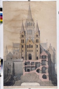 Gotische Architektur: Fassade der Kirche und Schnitt der Abteihäuser. Zeichnung des Stadtmuseums von Avranches (Manche)