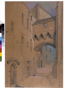 Der Beginn des großen Grades und die befestigte Brücke. Mont Saint Michel. Zeichnung von Emile Sagot. Stadtmuseum von Avranches (Manche)