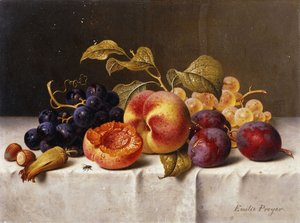 Trauben, Pfirsiche, Pflaumen und Nüsse auf einem drapierten Tisch