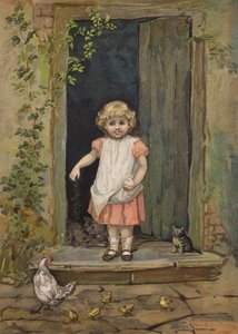 Kleines Mädchen füttert die Hühner von der Türschwelle ihres Hauses von Emily Jane Harding Andrews