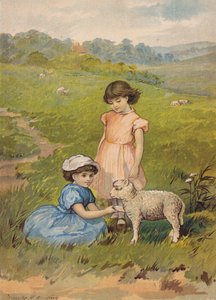 Zwei Mädchen streicheln ein Lamm (Chromolithografie) von Emily Jane Harding Andrews