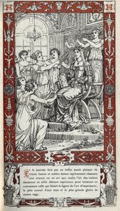 Ballett im Schloss von Fontainebleau, bei dem die Damen des Hofes von König Heinrich II. (1519 - 1559) jeweils eine Wissenschaft oder Kunst darstellen. Gravur von 1914 von Emmanuel Blanche (1880-1946).DR Private Sammlung. von Emmanuel Blanche