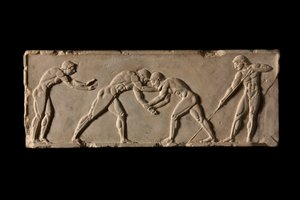 Ballspieler-Basis, Vorderseite. Teil der Ballspieler-Basis von Endoios. Aus Athen, ca. 510 v. Chr.