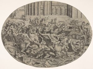 Kampf zwischen Amazonen und Männern vor architektonischen Arkaden, eine ovale Komposition (1543) von Enea Vico