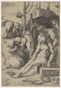 Begräbnis Christi, dessen Brust von Joseph von Arimathäa ergriffen wird, mit zwei knienden Figuren, 1543