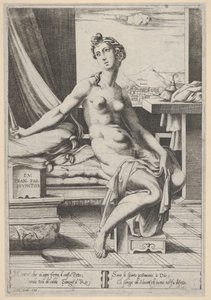 Lucretia nackt und vor einem Fenster sitzend, ein Dolch in ihrer rechten Hand
