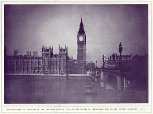Ein Blick auf das Parlament und Big Ben im Licht des Jägermondes während des Blackouts, aus The Illustrated War News, veröffentlicht am 8. November 1939