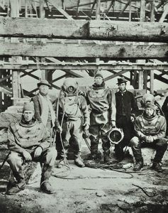 Blackfriars Bridge: Bauarbeiter posieren mit Ausrüstung, 1869