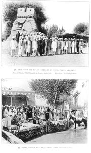 Hindu-Händler in Bigil, nahe Yarkand und eine Gruppe auf einem Basar nahe Kharghalik, aus Ruins of Desert Cathay von Sir Aurel Stein, veröffentlicht 1912 von English Photographer