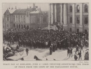 Friedenstag in Adelaide, 2. Juni, Lord Tennyson verkündet die Friedensbedingungen von den Stufen des Parlamentsgebäudes von English Photographer