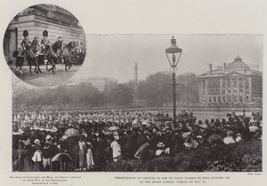 Übergabe der Farben an die 3. Scots Guards durch König Edward VII. bei der Horse Guards Parade am 24. Mai