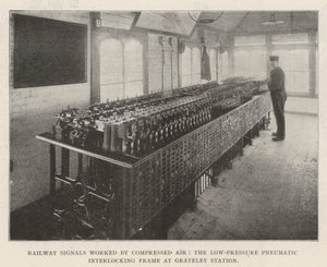 Eisenbahnsignale, die mit Druckluft betrieben werden, der Niederdruck-Pneumatik-Verschlussrahmen am Bahnhof Grateley von English Photographer