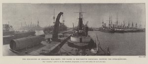 Die Ausmusterung veralteter Kriegsschiffe, die Becken in der Werft von Portsmouth, die Überfüllung zeigend