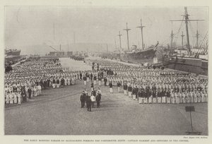 Die Frühparade der Matrosen des Portsmouth Depots, Captain Hammet und Offiziere in der Mitte