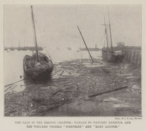 Der Sturm im Bristolkanal, Schäden am Watchet-Hafen und die gestrandeten Schiffe Josephine und Mary Lauder