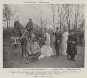 Wo vier Länder aufeinandertreffen, Vertreter von Deutschland, Belgien, Holland und neutralem Gebiet an der Grenze