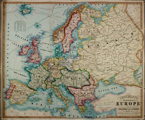 Eine kolorierte Karte Europas aus dem 19. Jahrhundert, zusammengestellt für den Gebrauch in Schulen und Hochschulen.