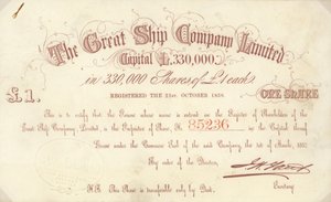 Eine £1-Aktie, ausgegeben von The Great Ship Company Limited von English School