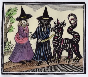 Eine schwarze und eine weiße Hexe mit einem Teufelstier, Illustration aus einer Sammlung von Chapbooks über Esoterik (spätere Kolorierung) von English School