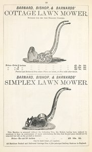 Ein Cottage und Simplex Rasenmäher, Illustration aus einem Gartenkatalog, veröffentlicht von Barnard Bishop & Barnard, 1878