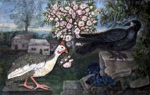Ein Perlhuhn und eine Saatkrähe in einer Landschaft, c.1800