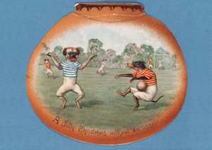 Fröhliche Weihnachten ohne Ärger!, Weihnachtskarte mit einem Fußballspiel zwischen Hunden, ca. 1890er