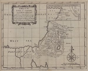 Karte des Landes Kanaan und angrenzender Teile zur Zeit von Abrahams Aufenthalt, mit den verschiedenen Völkern und Orten, die in der Geschichte der Patriarchen erwähnt werden von English School