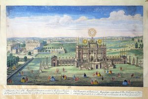 Perspektivische Ansicht der prächtigen Struktur, die im Green Park für das königliche Feuerwerk errichtet wurde, 1749