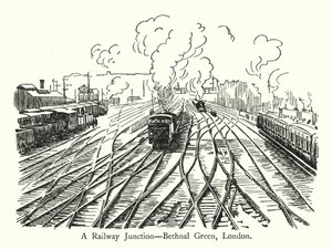 Ein Eisenbahnknotenpunkt, Bethnal Green, London (Lithographie) von English School