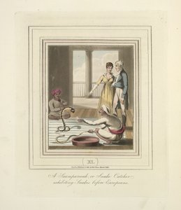 Ein Saumpareeah oder Schlangenfänger, der Schlangen vor Europäern vorführt, ca. 1824