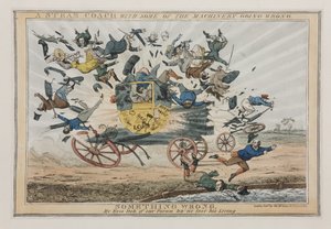 Eine Dampfkutsche mit einigen defekten Maschinen, um 1825