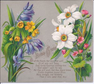 Eine viktorianische Geburtstagskarte mit Narzissen und Glockenblumen, ca. 1880