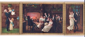 Eine viktorianische Weihnachtskarte eines Vaters und seiner Kinder, ein Vater erzählt einer Familiengruppe eine Geschichte und ein Herr versucht, eine Dame unter dem Mistelzweig zu küssen, ca. 1880